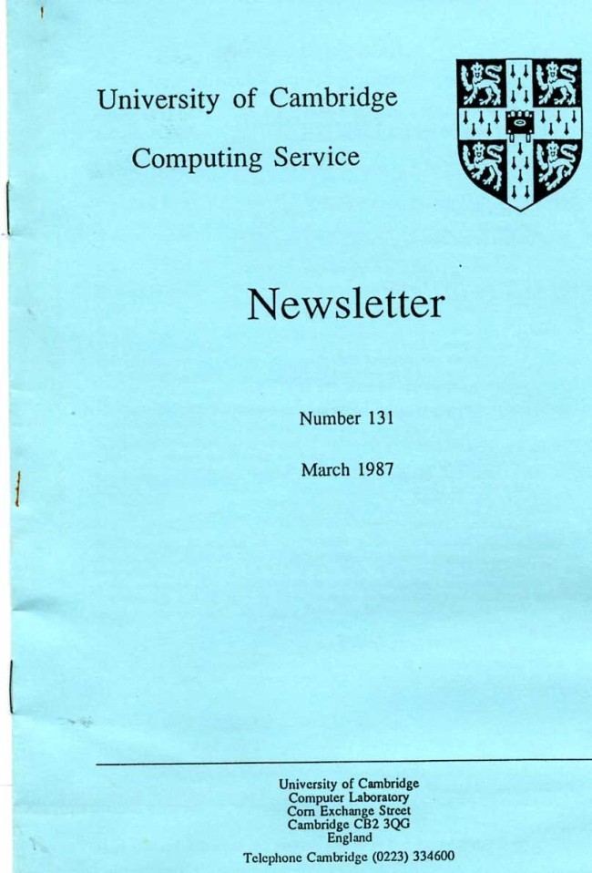 Scan of Document: University of Cambridge Computing Service November/December 1987 Newsletter 136