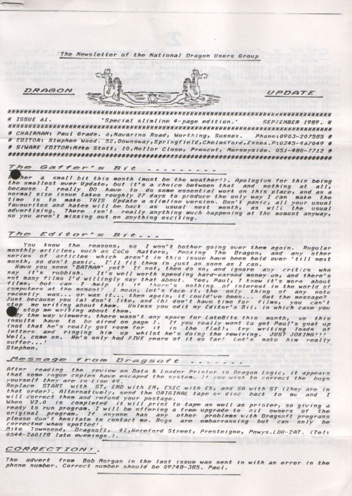 Scan of Document: Dragon Update - September 1989