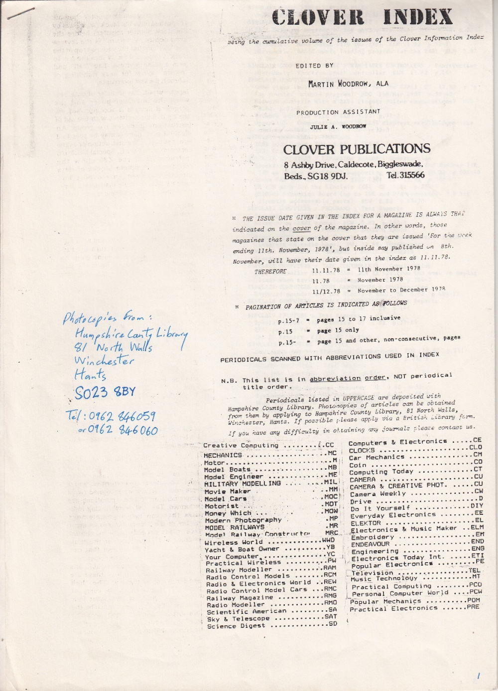 Scan of Document: 'Clover Index' - Index of Sinclair-related Magazine Articles