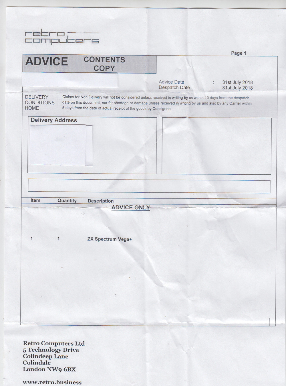 Scan of Document: Vega + Advice Note