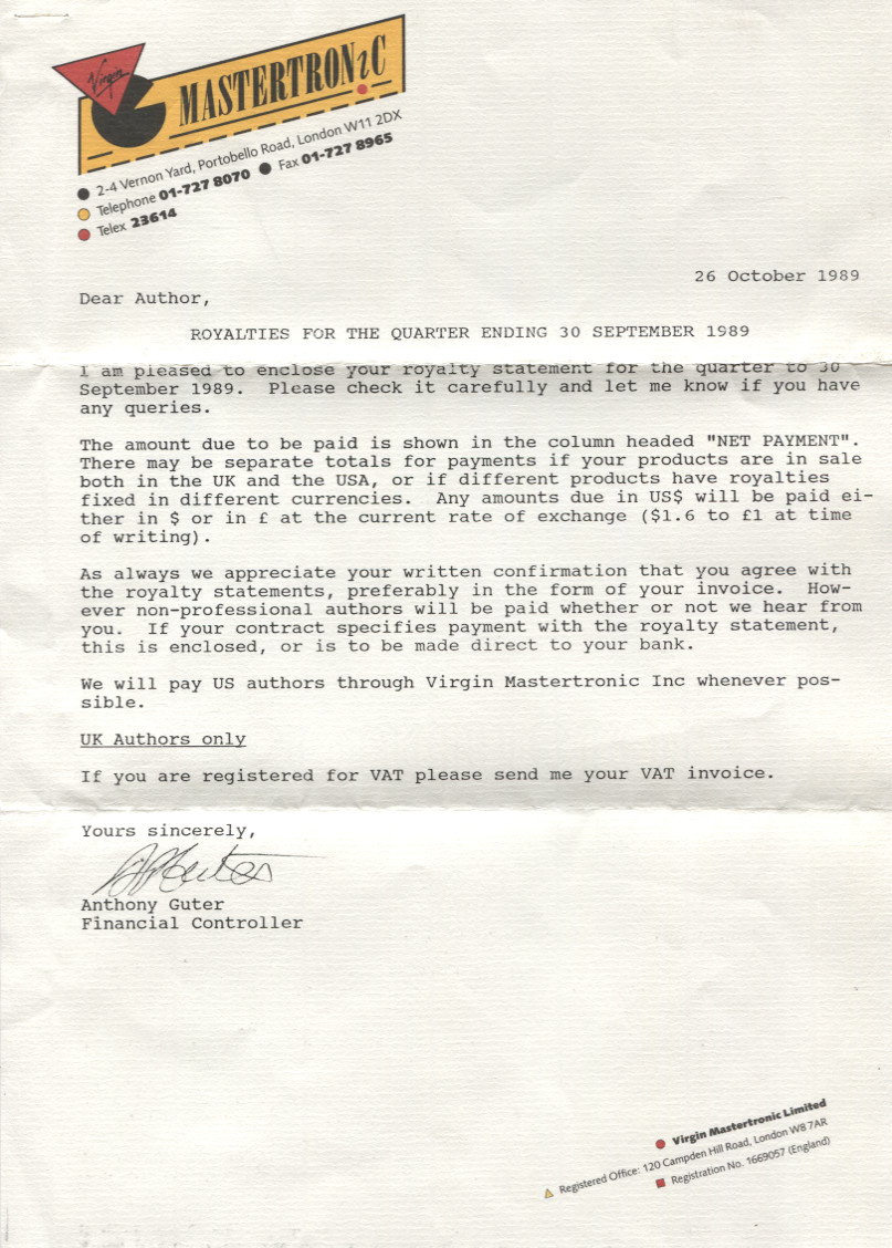 Scan of Document: Royalty Letter and Statement 26/10/1989