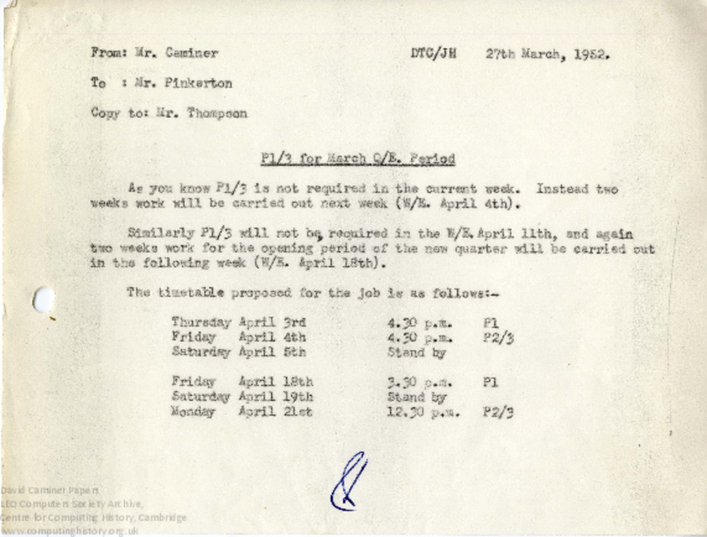 Article: Memo regarding P1/3 for March Q/E. Period, 27th March 1952