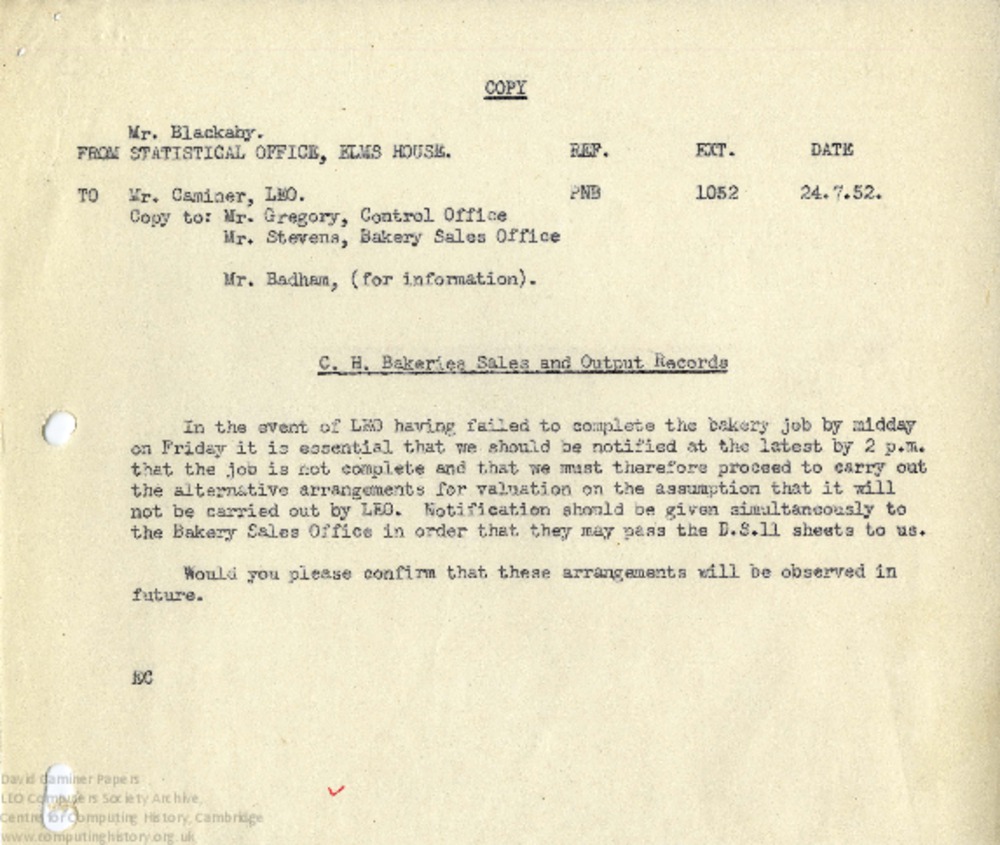 Article: Memo regarding Bakery Job notification request, 24th July 1952 (Copy)