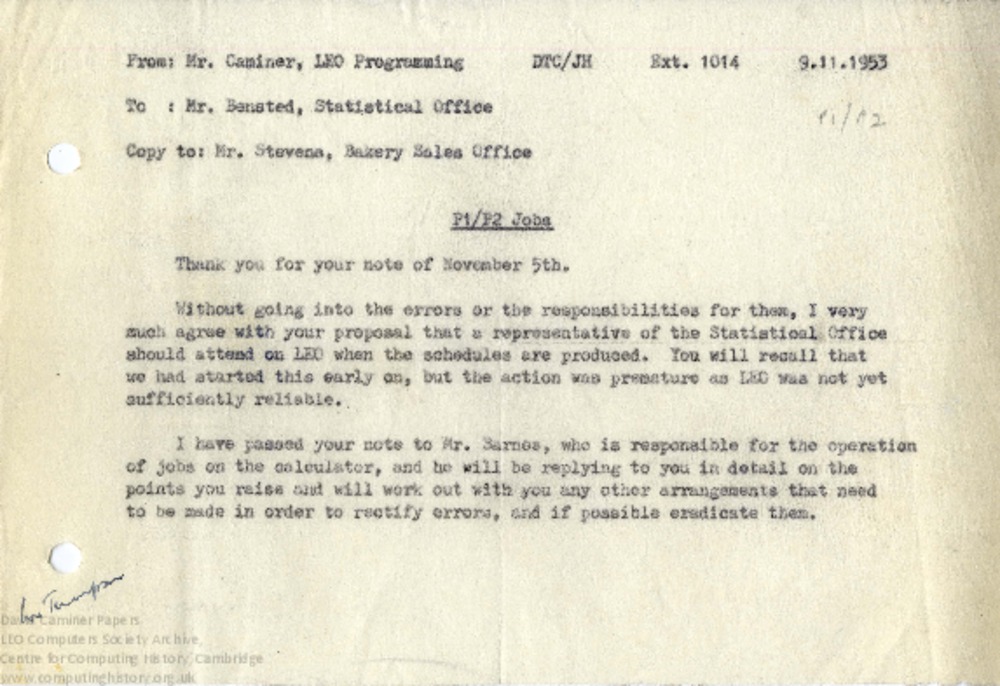 Article: Memo regarding P1/2 Jobs, 9th November 1953
