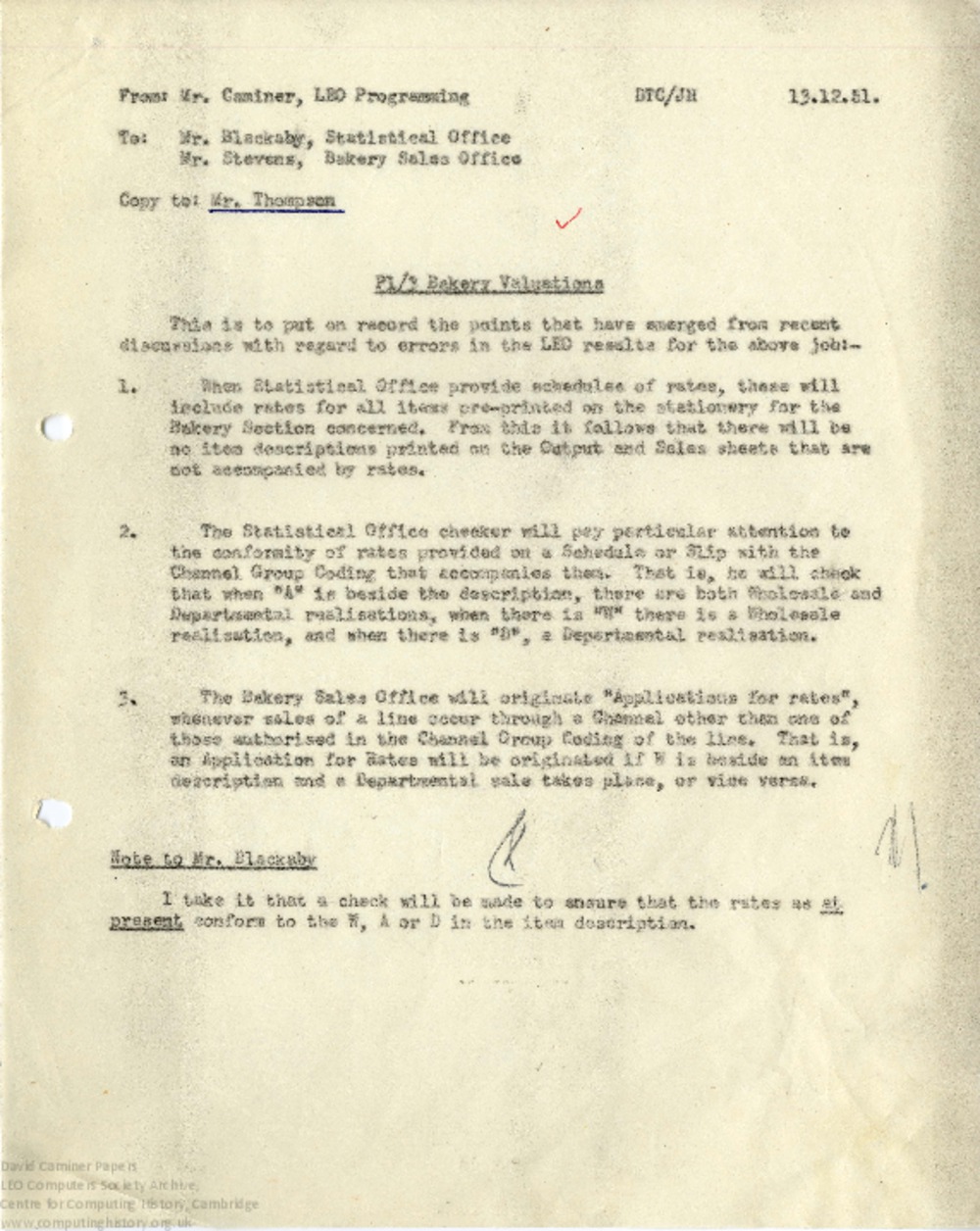 Article: Memo regarding P1/3 Bakery Valuations, 13th December 1951