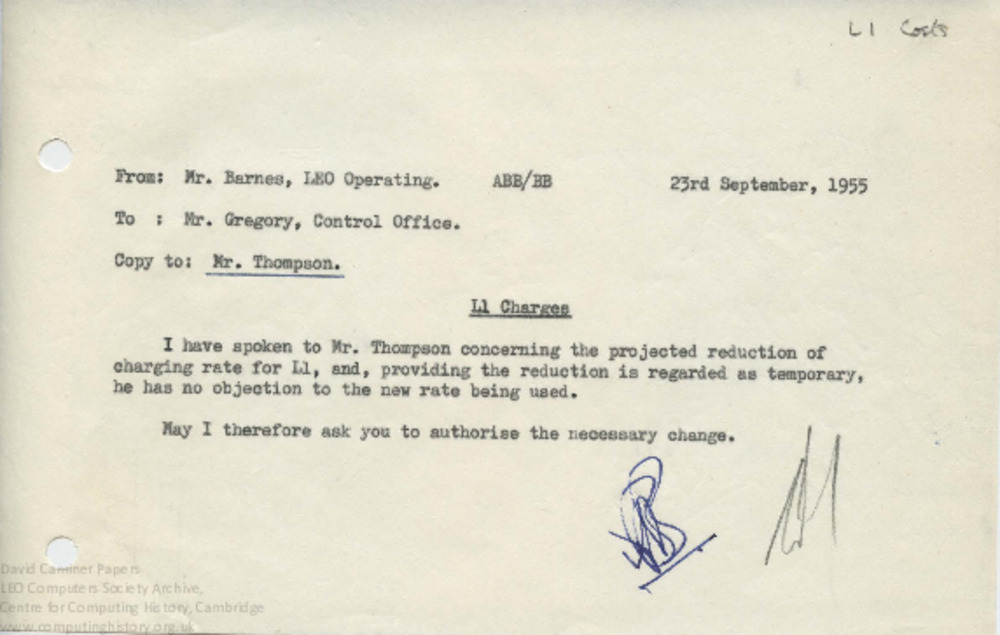 Article: Memo regarding projected reduction of charging rate for L1, 23rd September 1955