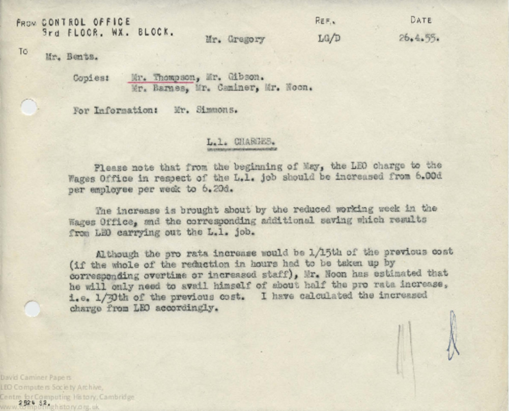 Article: Memo regarding LEO charge increase, 26th April 1955
