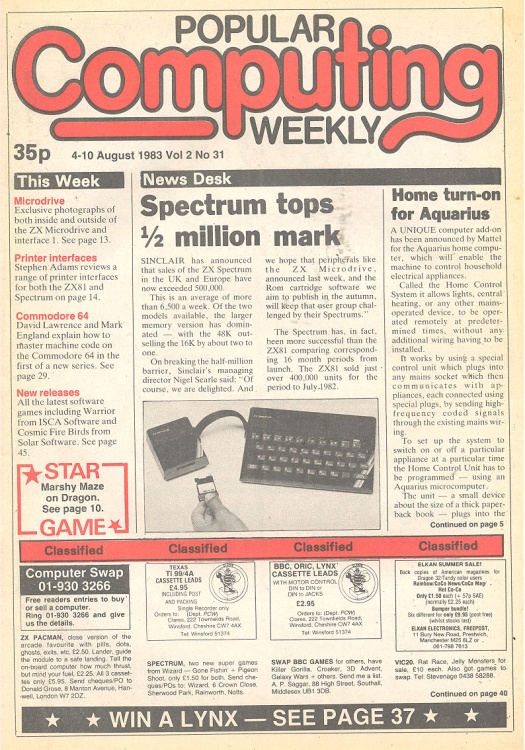 Article: Popular Computing Weekly Vol 2 No 31 - 4-10 August 1983