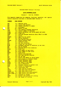 Extended BASIC Version 5  for Disk Quick Reference Card