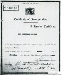 60869 Certificate of Incorporation for LEO Computers Ltd