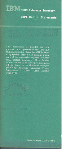 IBM 1800 Reference Summary MPX oOntrol Statements