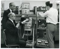 64071 Second photo of Ernest Lenaerts, D.W. Boston and Michael Underwood with ICL speech recognizer