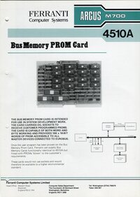 Ferranti Argus M700 4510A Bus Memory PROM Card Information Sheet
