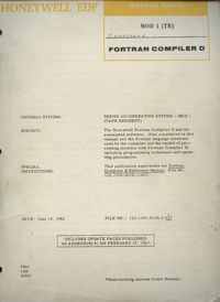 Honeywell EDP Series 200 Software Manual: Fortran Compiler D