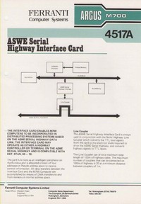 Ferranti Argus M700 4517A ASWE Serial Highway Interface Card Information Sheet