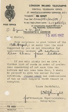 62869 Telegraph Address for LEO Computers Ltd, August 1962-January 1963