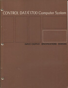 Control Data 1700 Computer System: Input/Output Specifications Manual
