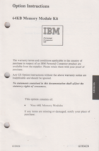 IBM - Option Instructions - 64KB Memory Module Kit - IBM PC XT
