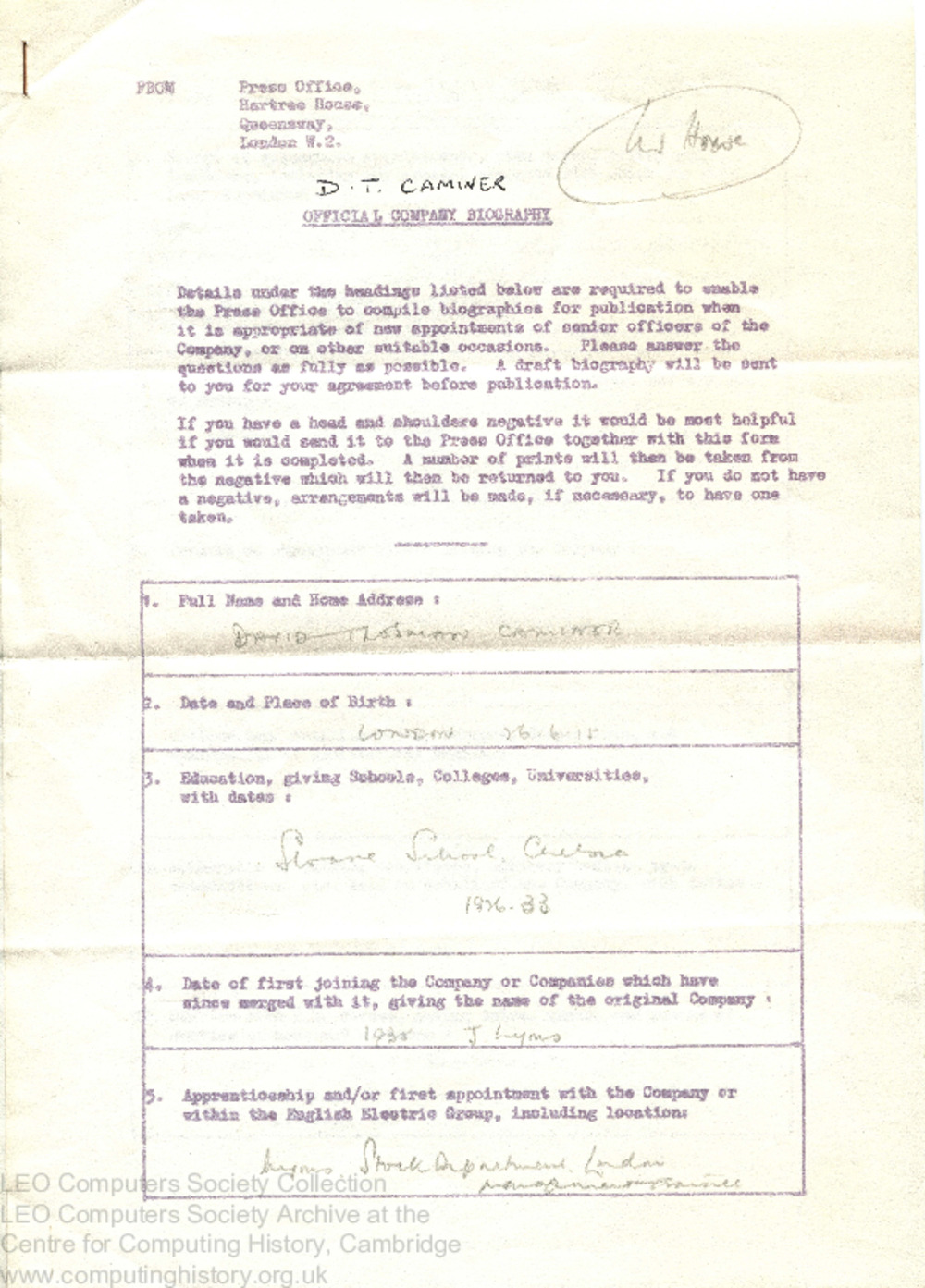 Article: 68233 David Caminer's Official Company Biography Form