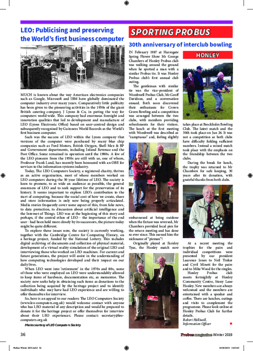 Article: 75140 'LEO: Publicising and preserving the World's first business computer', Probus Magazine