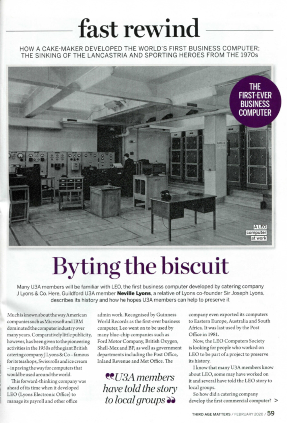 Article: 75491 'HOW A CAKE-MAKER DEVELOPED THE WORLD'S FIRST BUISNESS COMPUTER', Third Age Matters