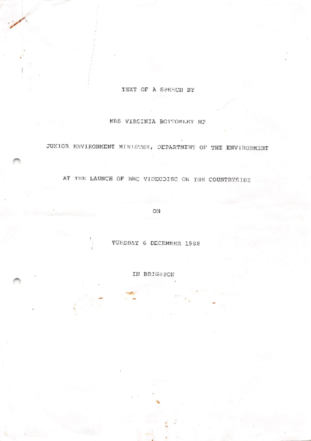 Article: Text of a speech by Mrs Virginia Bottomley MP (Launch of BBC Countryside Disc)