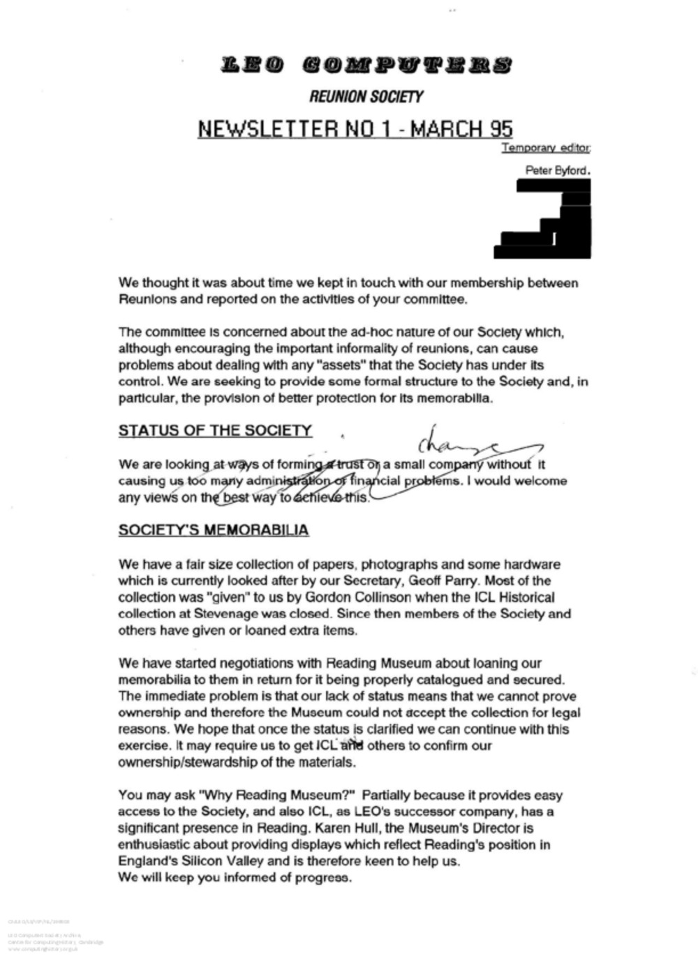 Article: LEO COMPUTERS REUNION SOCIETY: Newsletter No 1 - March 95 [Draft]
