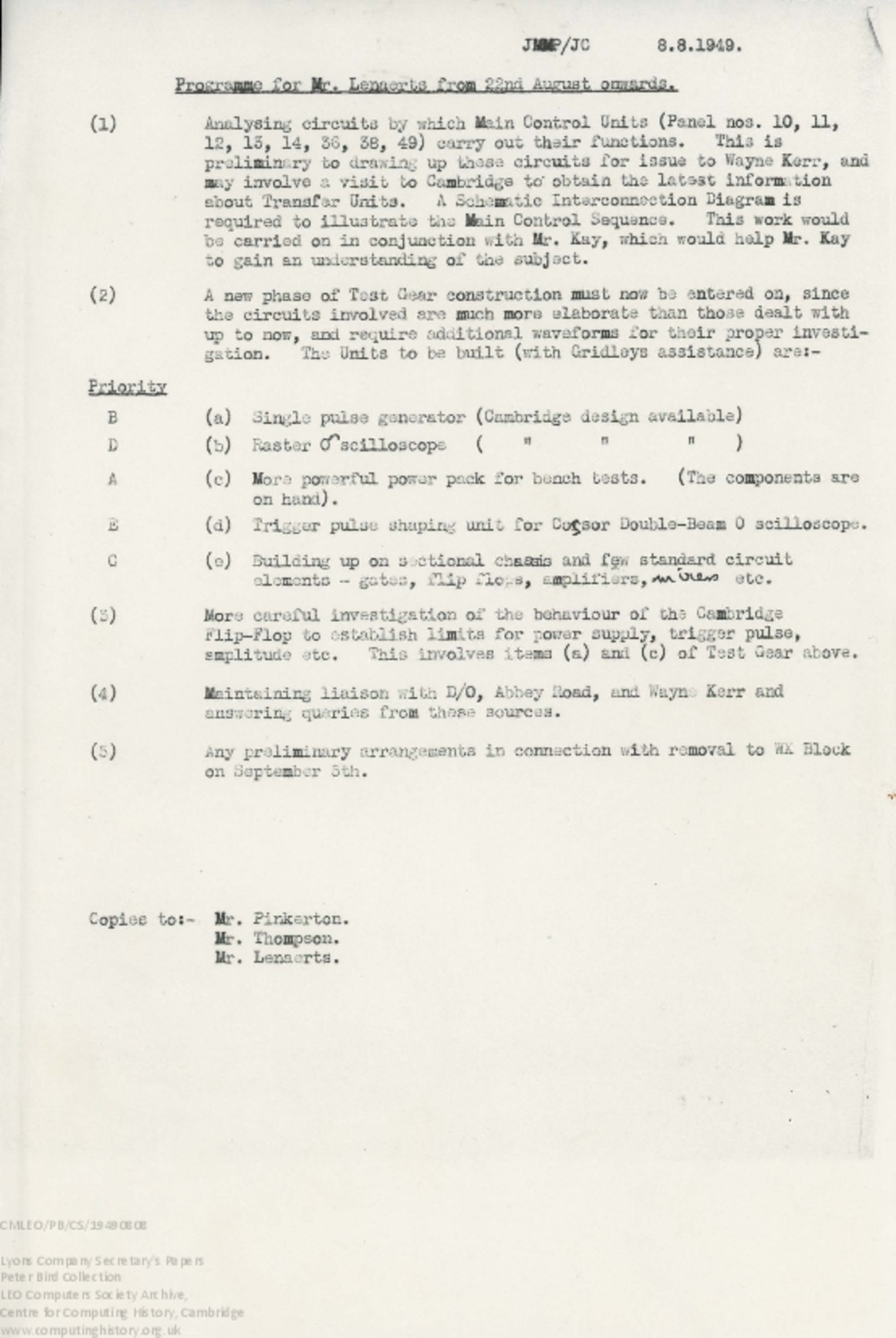 Article: 62309  Programme for Mr Lenaerts, 8 Aug 1949
