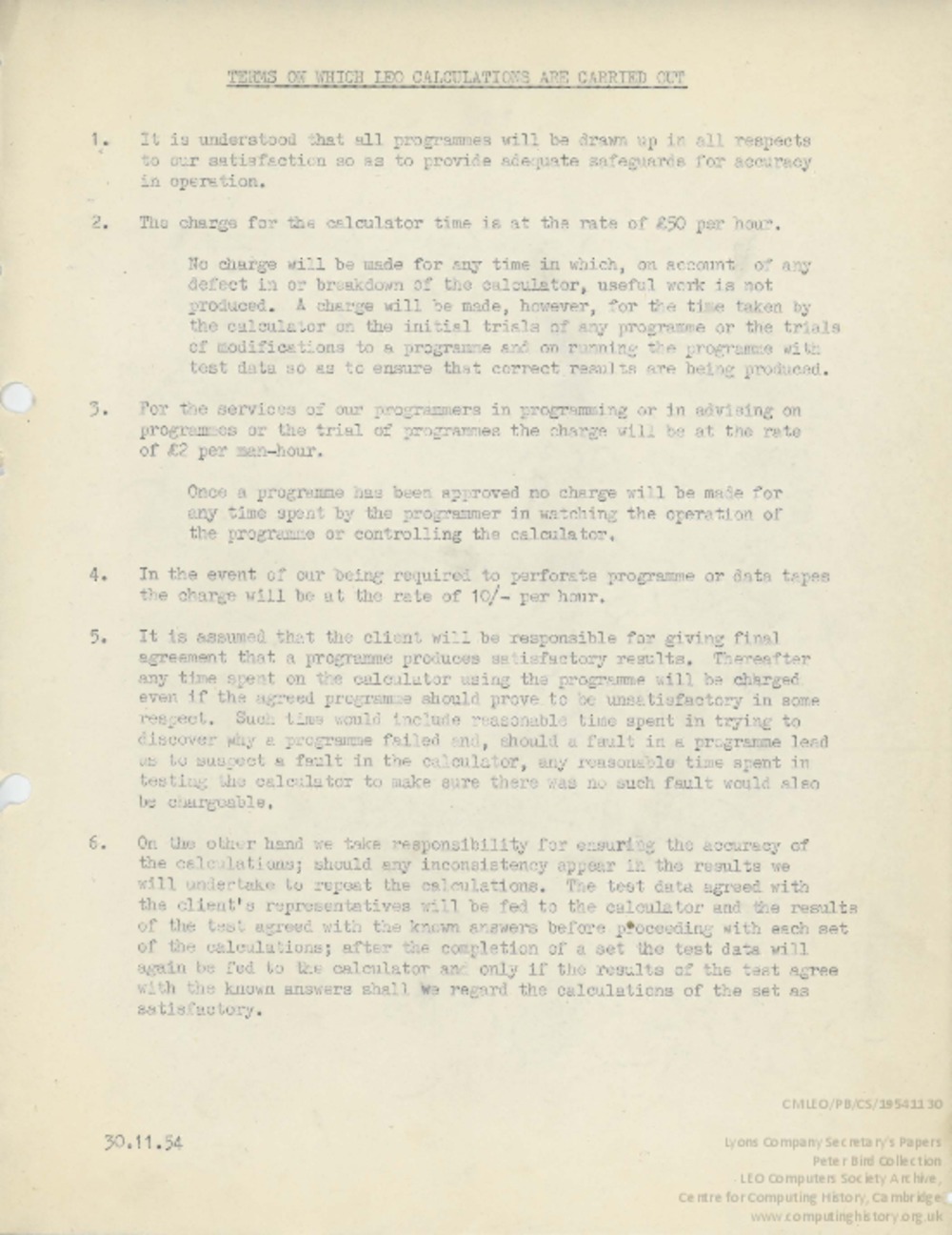 Article: 62310 Terms on which LEO Calculations are Carried Out, 30 Nov 1954