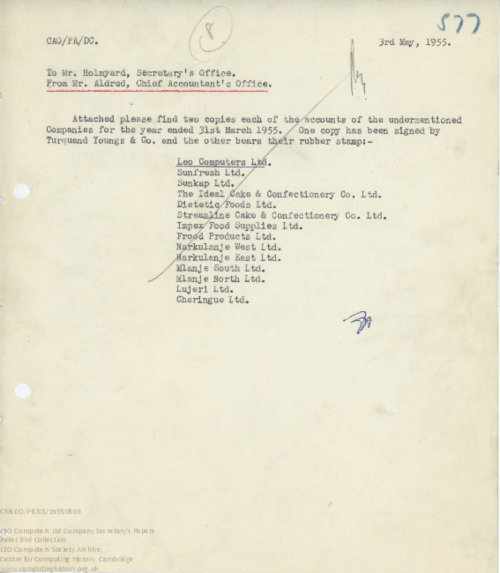 Article: 62445  Memo regarding Lyons subsidiary company accounts, 3 May 1955