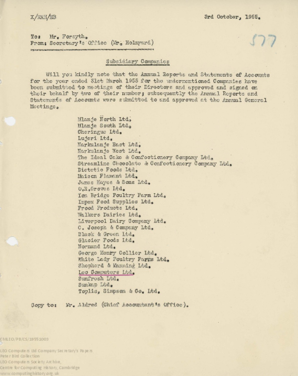 Article: 62446  Memo regarding Annual Reports and Accounts submitted for Lyons subsidiary company accounts, 3 Oct 1955