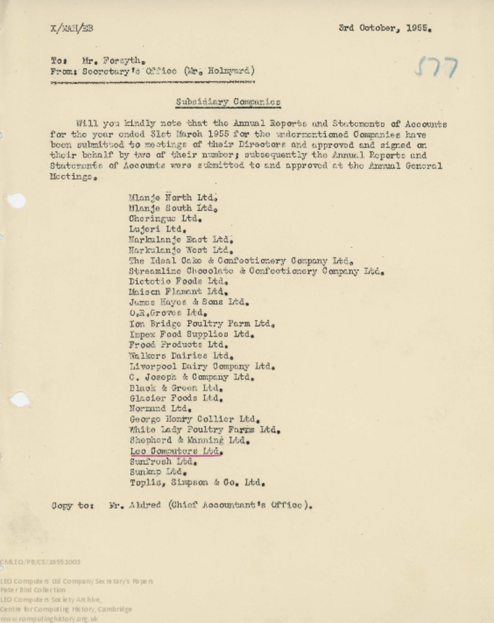 Article: 62446  Memo regarding Annual Reports and Accounts submitted for Lyons subsidiary company accounts, 3 Oct 1955