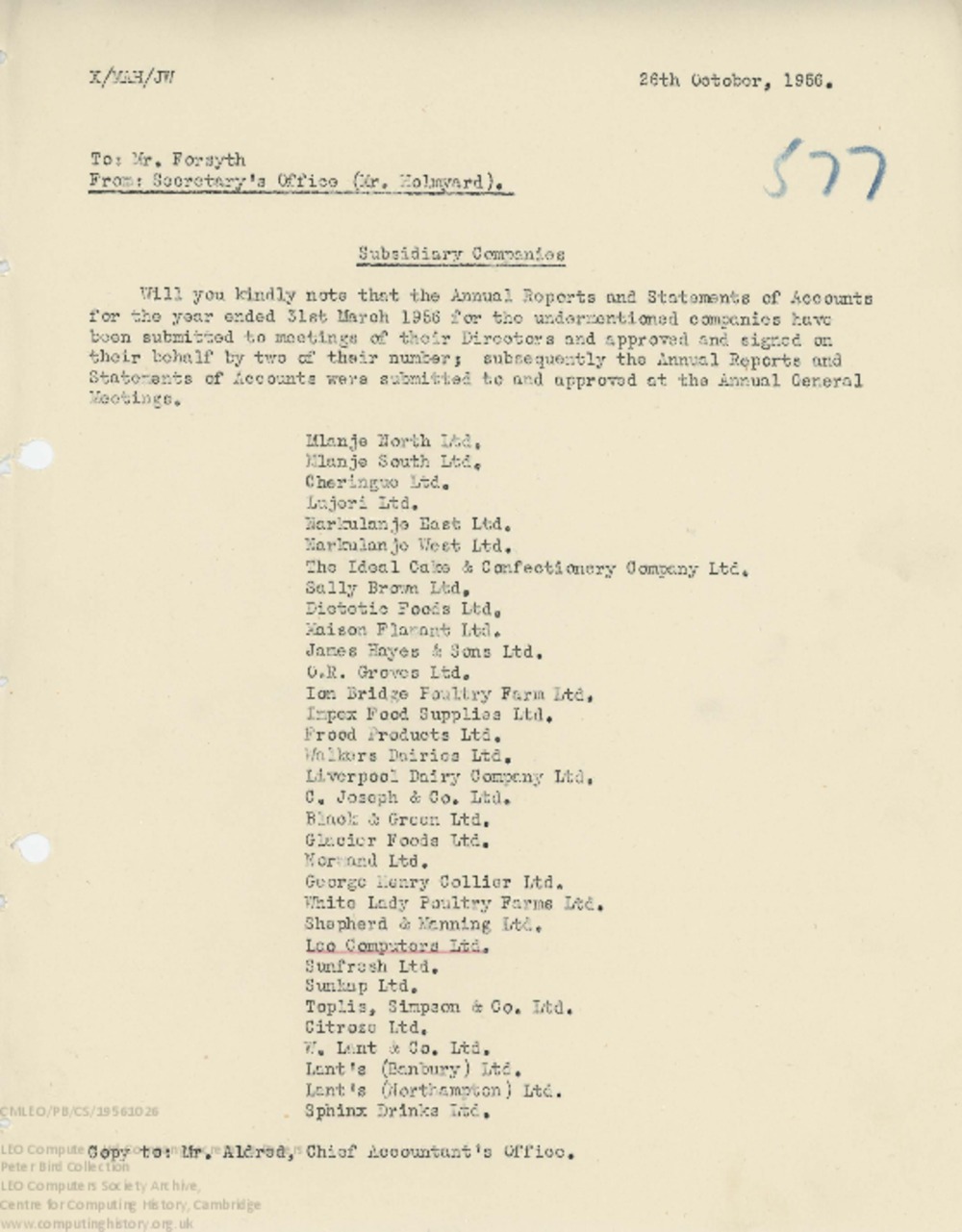 Article: 62448  Memo regarding Annual Reports and Accounts submitted for Lyons subsidiary company accounts, 26 Oct 1956