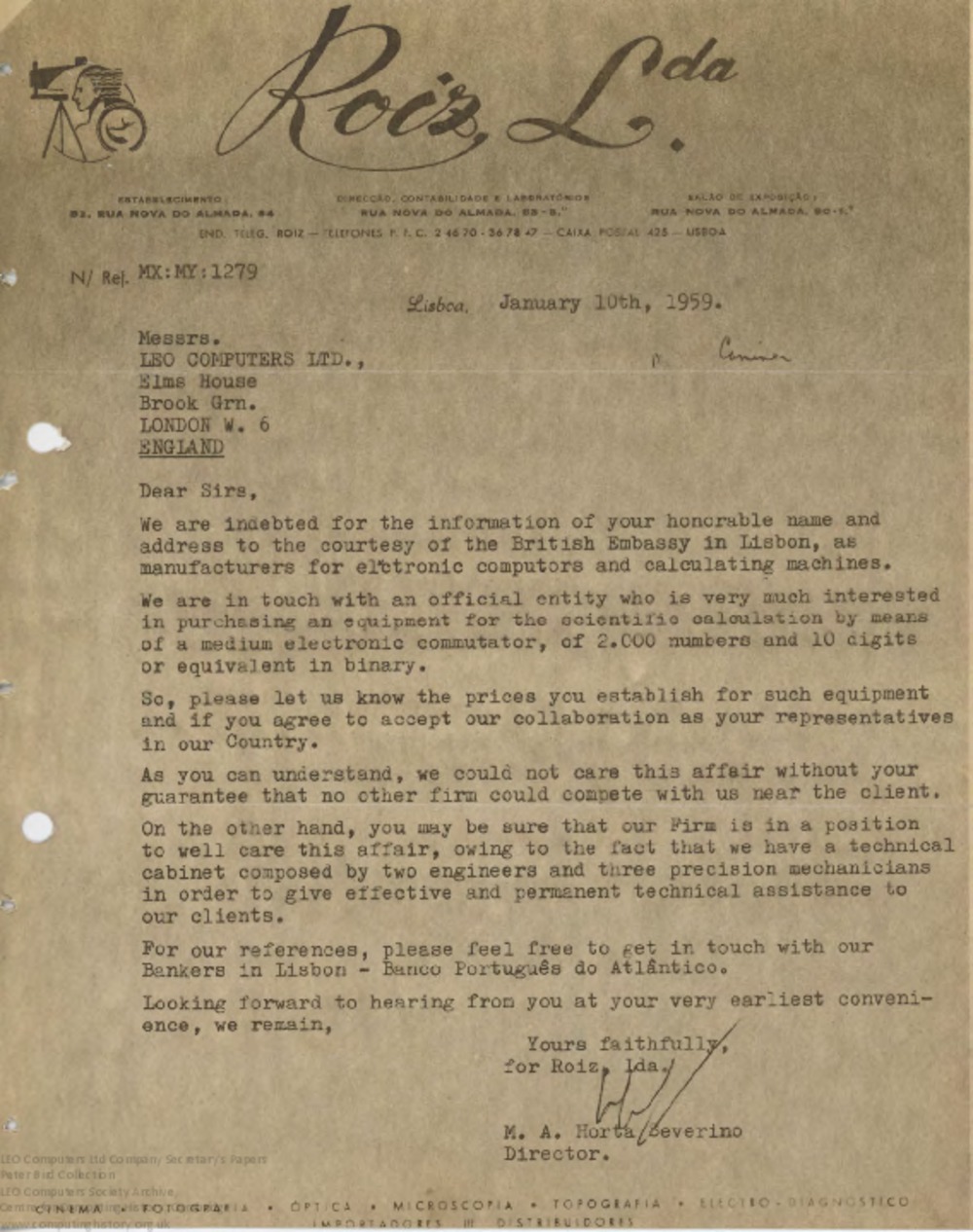 Article: 62459  Correspondence with M.A. Horta Severino, Roiz Limitada, Jan-Feb 1959