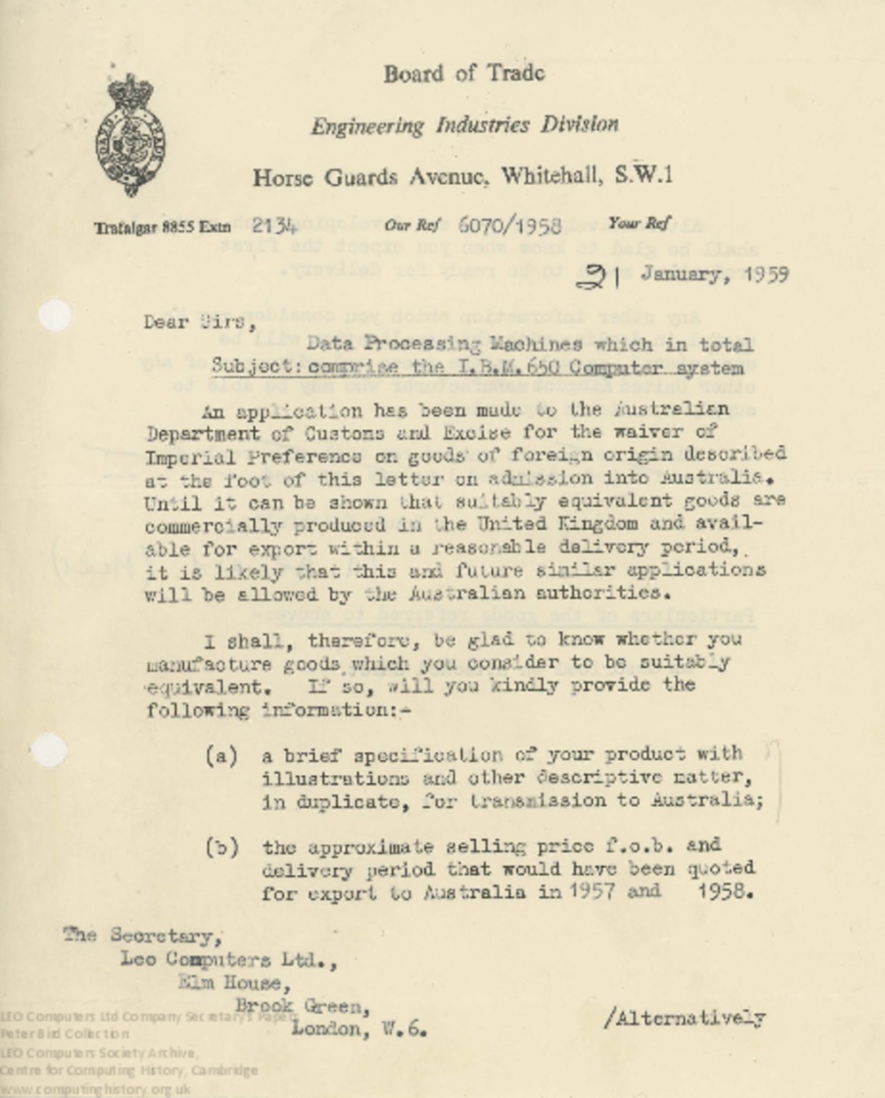 Article: 62460  Correspondence with the Board of Trade concerning waiving of 'Imperial Preference' for IBM equipment imported into Australia, Jan 1959
