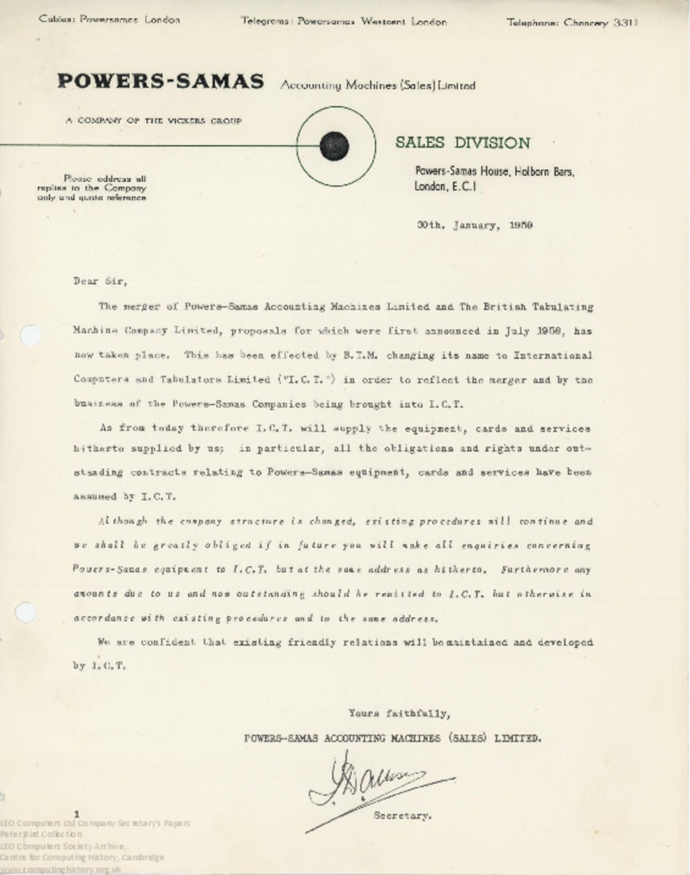 Article: 62461  Announcement of Powers-Samas and British Tabulating Machine Company merger, 30 Jan 1959