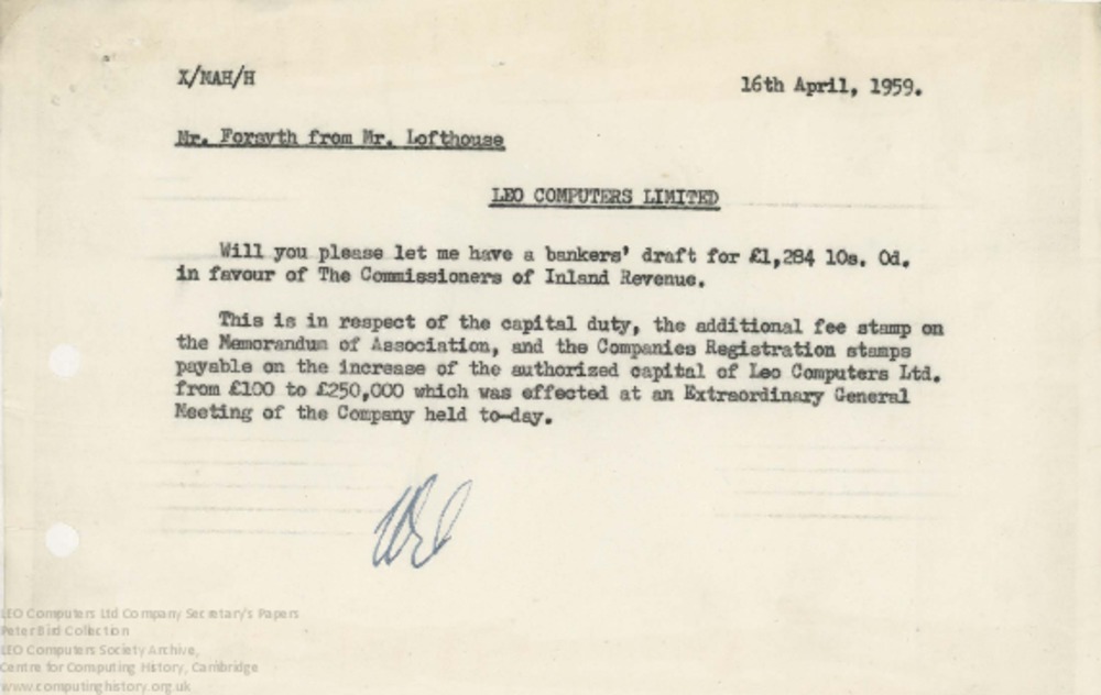 Article: 62462  LEO Computers Ltd Increase in Nominal Capital, Apr 1959