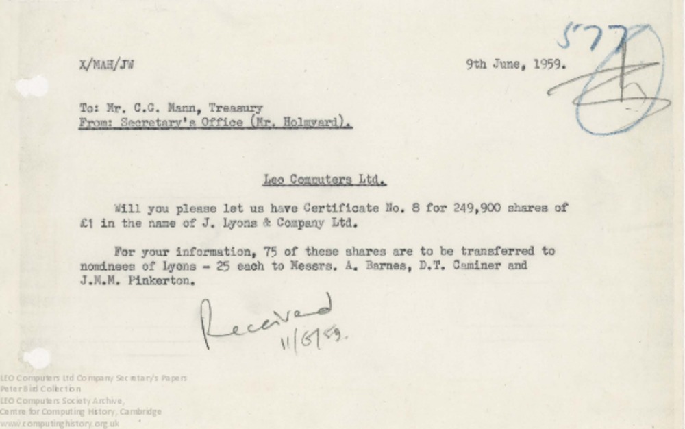 Article: 62463  Correspondence regarding Share Certificates for LEO Computers Ltd, June 1959
