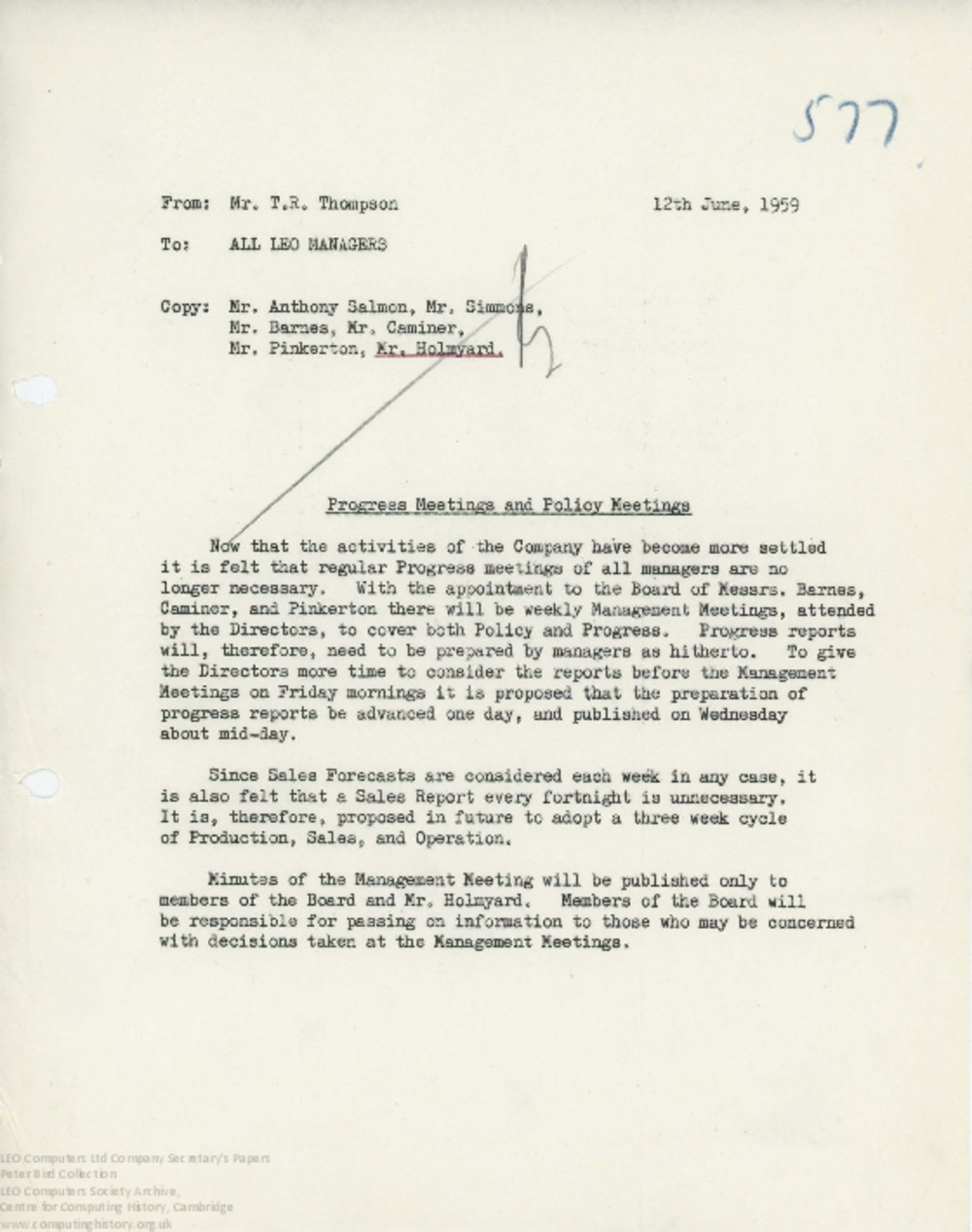 Article: 62464  Progress Meetings and Policy Meetings, 12 June 1959
