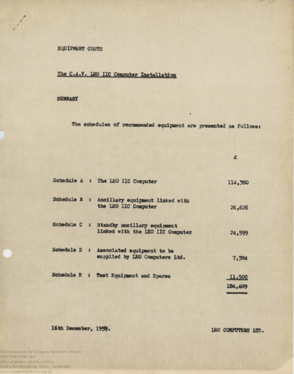 Article: 62465  Schedule of Equipment Costs (Quotation) for LEO II installation at CAV, 16 Dec 1959