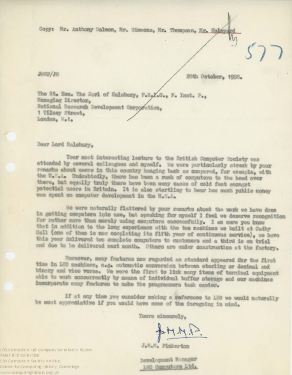 Article: 62453  Correspondence with Lord Halsbury, National Research Development Corporation, 29-30 Oct 1958