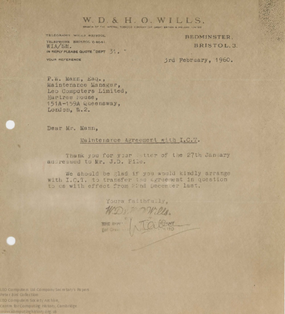 Article: 62839 Maintenance Agreement Transfer, 3rd Feb 1960
