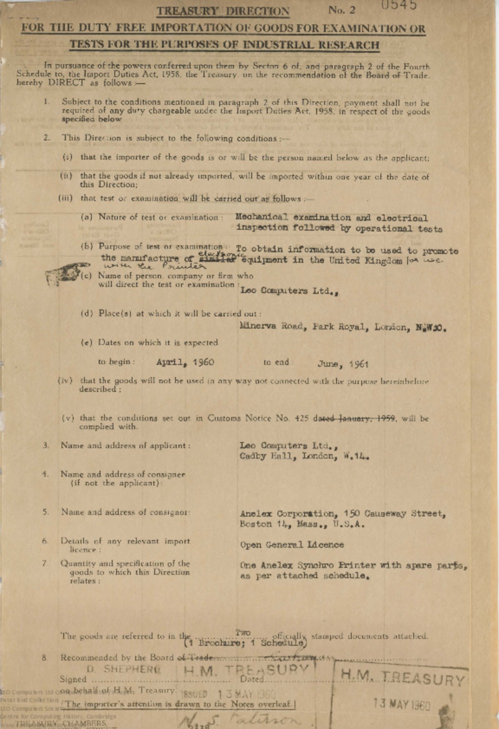 Article: 62842 Importing Anelex Synchro Printer, May 1960-1961
