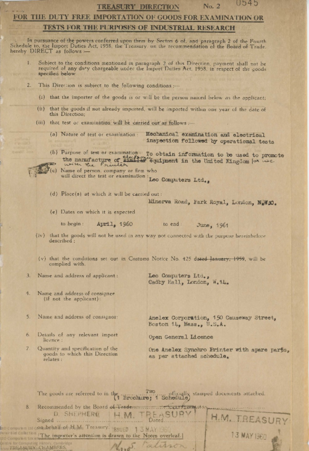 Article: 62842 Importing Anelex Synchro Printer, May 1960-1961