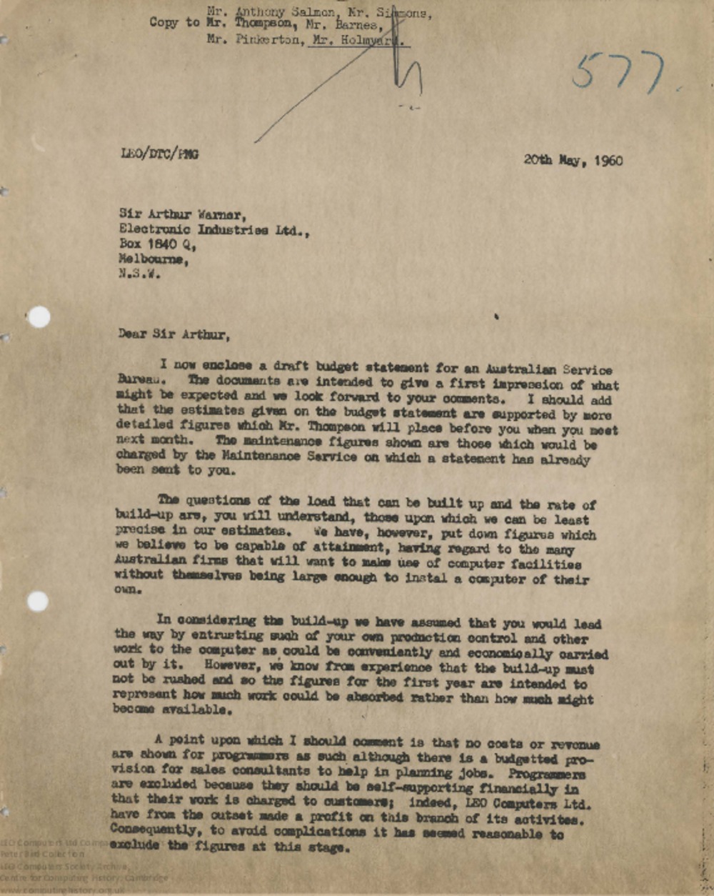 Article: 62843 Draft Budget Statement for an Australian Computer Service Bureau, 20th May 1960 