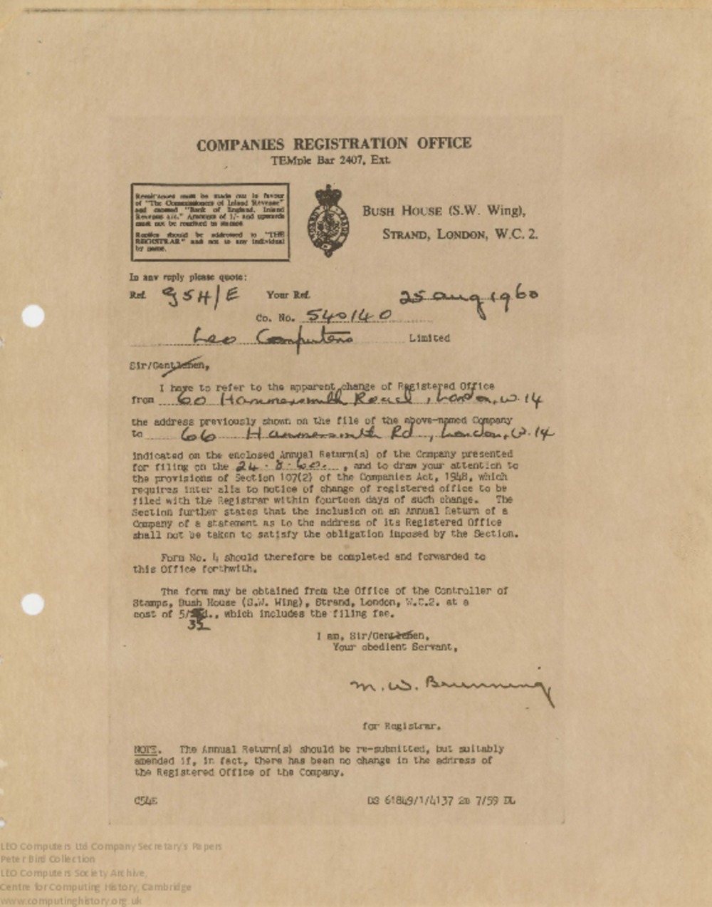 Article: 62847 Change of Registered Address for LEO Computers Ltd, 25th Aug 1960