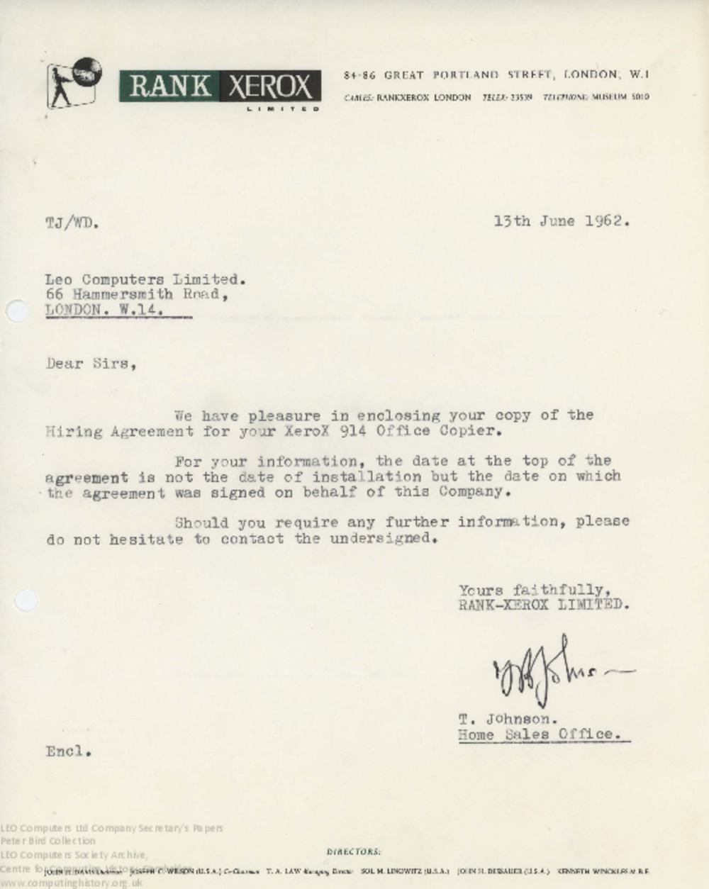 Article: 62865 Xerox Copier hire, 13th June 1962