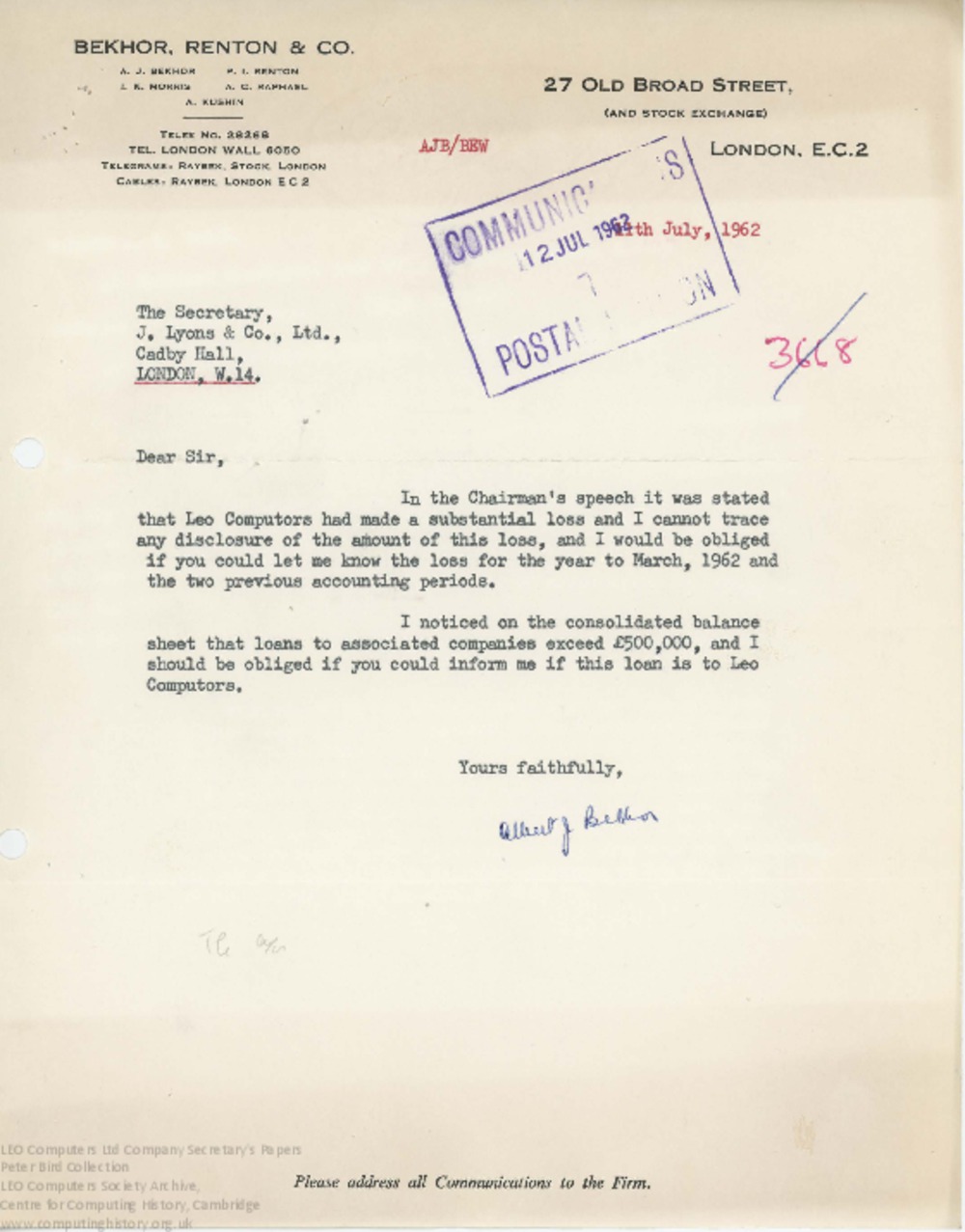 Article: 62868 Bekhor correspondence regarding LEO Computers accounts, July 1962