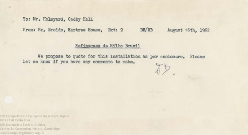 Article: 62870 Draft quotation for LEO III, Redinacoes de Milho Brasil, 16th August 1962