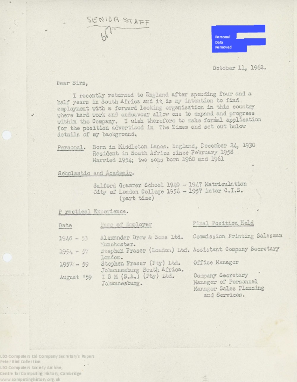 Article: 62871 J.A. Wetton job application, October 1962